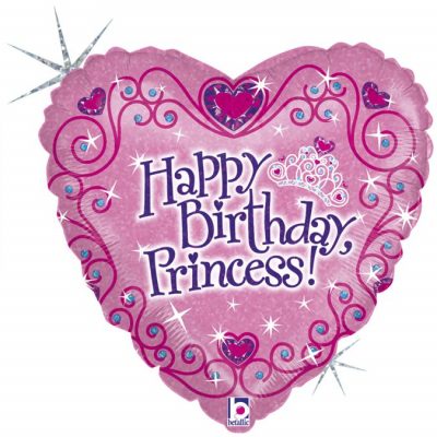 3202-0231 Шар фольгированный с гелием  Сердце HAPPY BIRTHDAY ПРИНЦЕССА, размер 45 на 45 см